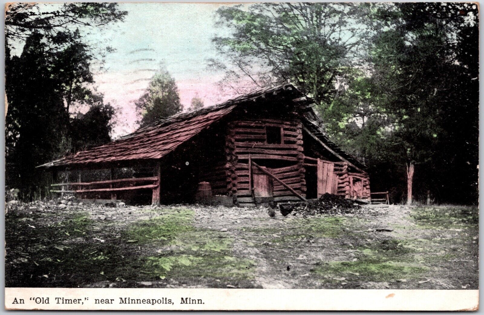 Minneapolis MN-Minnesota, 1908 Old Timer Log Cabin Farm Old Vintage Postcard