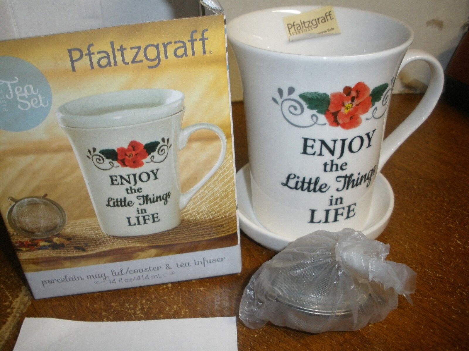 NEW Pfaltzgraff 3 piece Tea Set Mug, Lid, Infuser 14 fl oz Enjoy the Little (O48