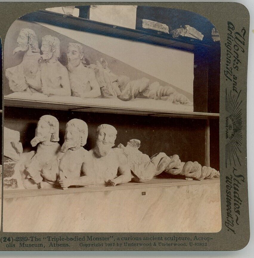 Underwood - Triple bodied Monster Acropolis Museum Athens Greece Stereoview
