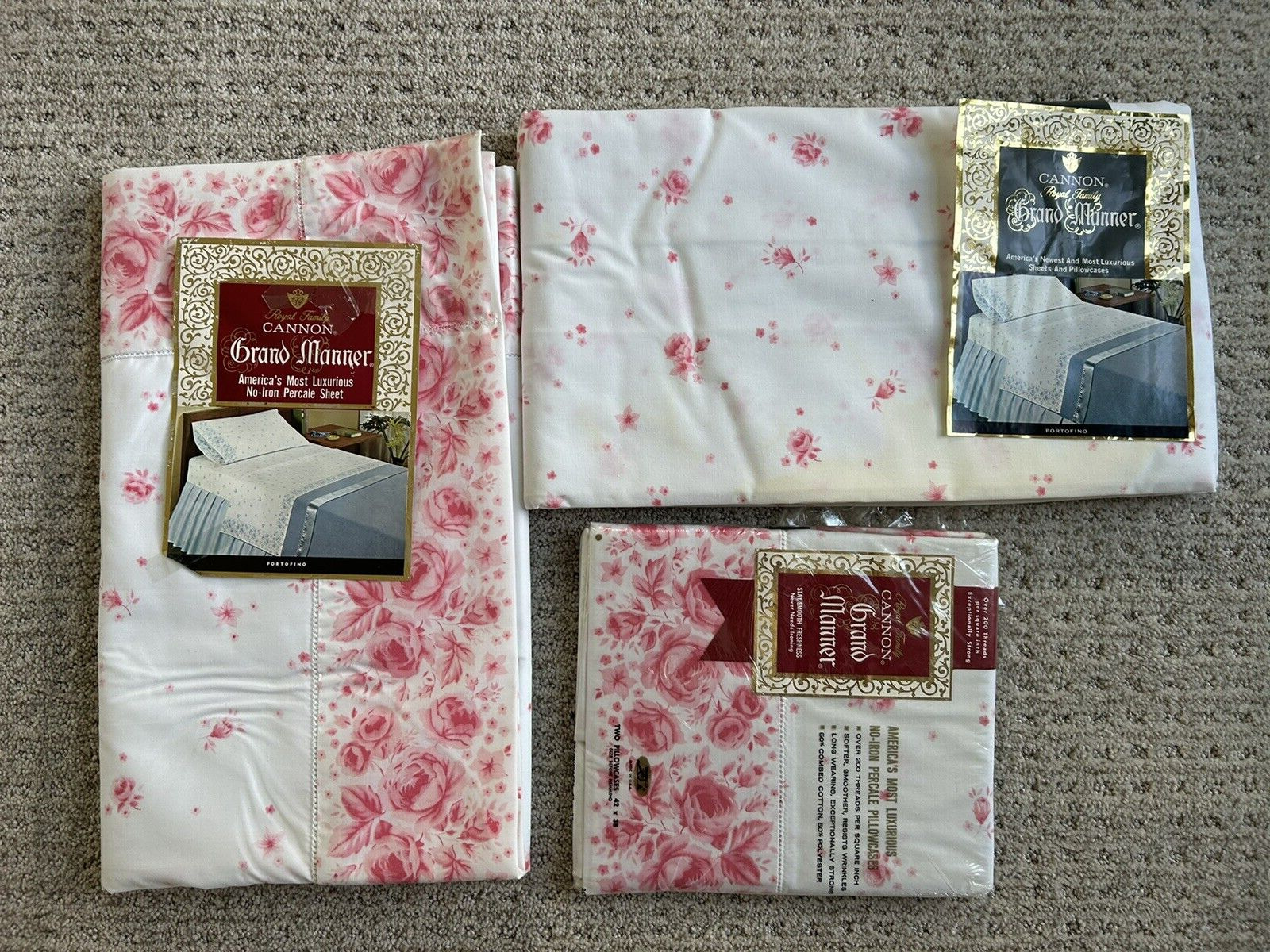 Vintage Bed Sheet Set Cannon Full Flat Pillowcase Pink Roses Grand Manor NEW
