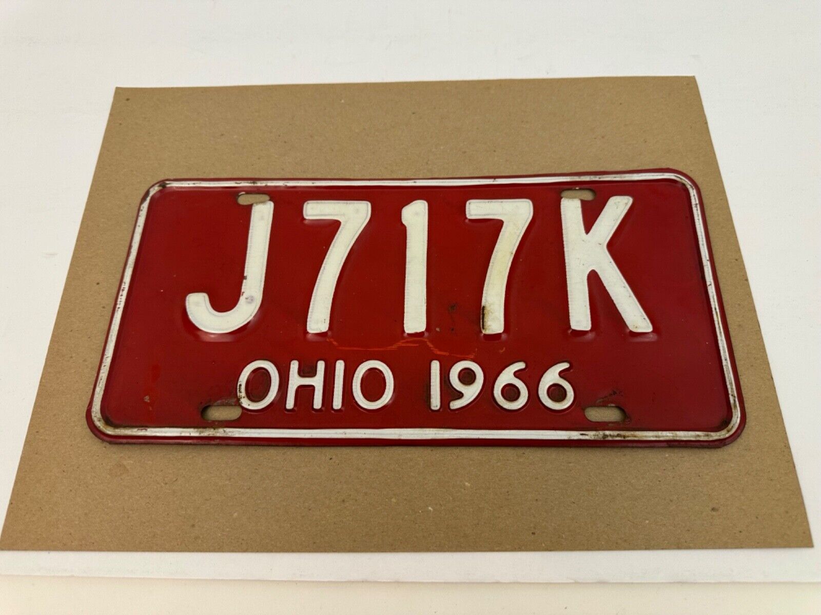 Vintage Original 1966 OHIO, OH, License Plate J 717 K, White Text, Red Plate