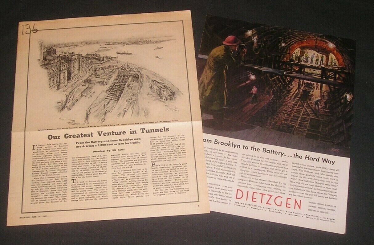 Brooklyn Battery Tunnel, New York - 1947 Article w/ Lili Rethi Art + 1950 Ad