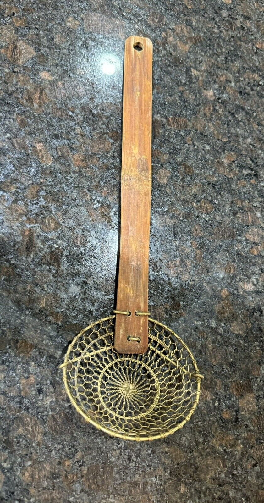 Vintage Twisted Brass Wire Mesh Strainer Spoon 14” Brass Bamboo Handle