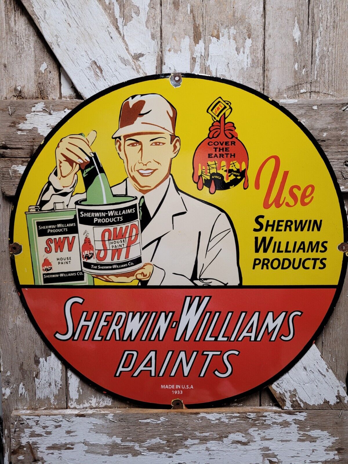 VINTAGE SHERWIN WILLIAMS PAINT PORCELAIN SIGN HARDWARE STORE VARNISH BRUSH 30\