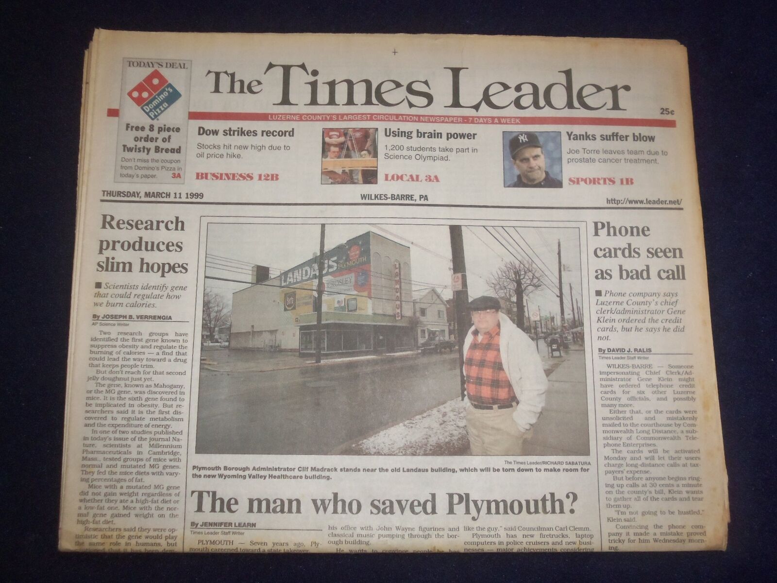 1999 MARCH 11 WILKES-BARRE TIMES LEADER - DOW HITS NEW HIGH DUE TO OIL - NP 8249