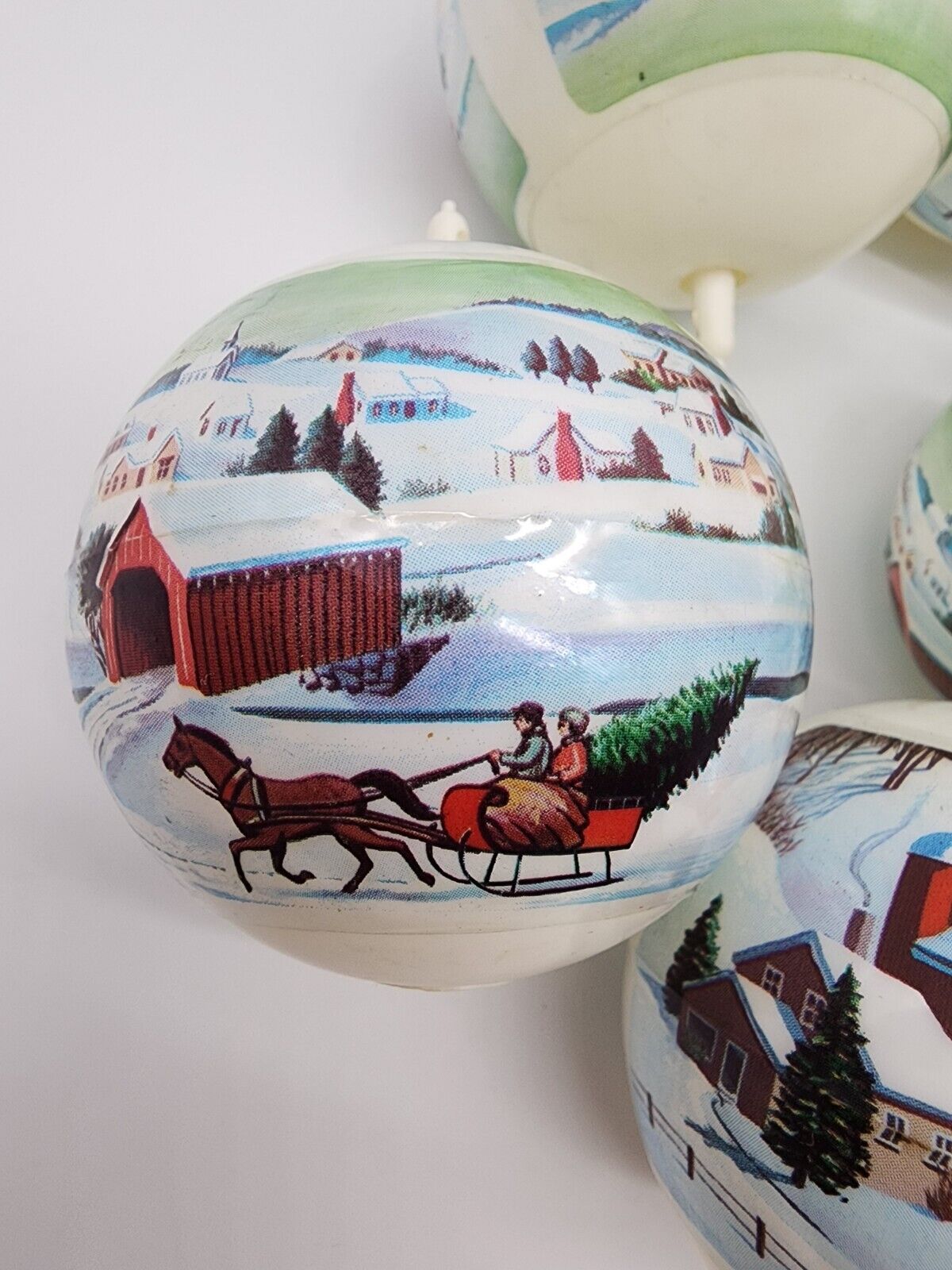 Vintage Plastic Unbreakable Set Of 6 Scenic Sleigh Winter Christmas Ornament Lot