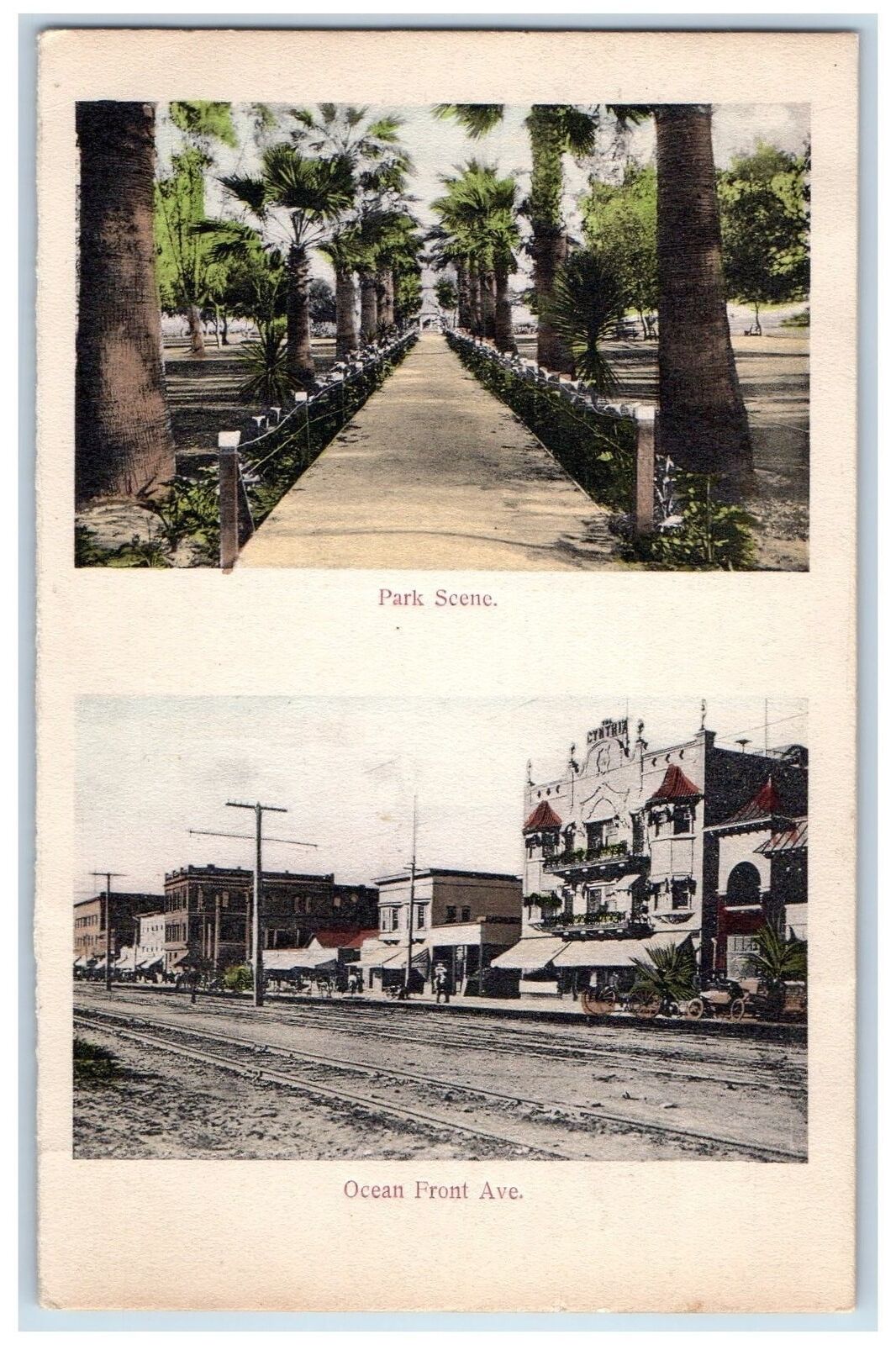 c1910\'s Park Scene Ocean Front Avenue Dual Scene Long Beach CA Unposted Postcard