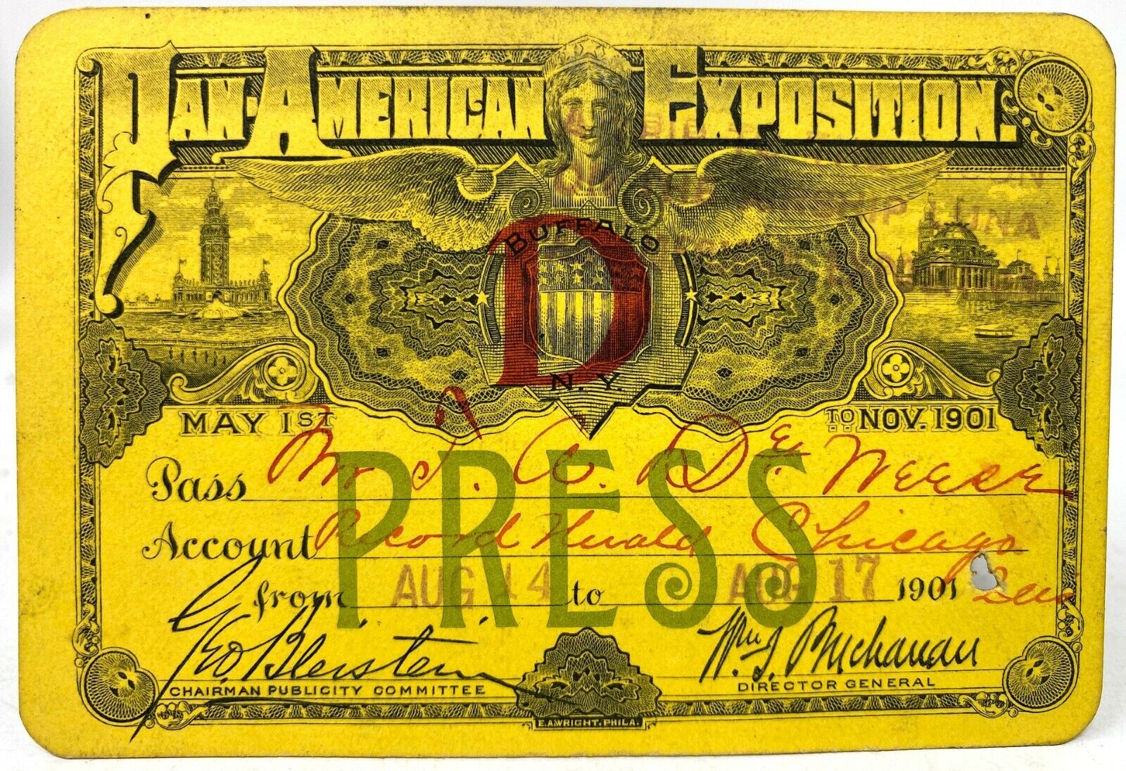 Antique 1901 Pan American Exposition Press Pass Chicago Record Herald Newspaper