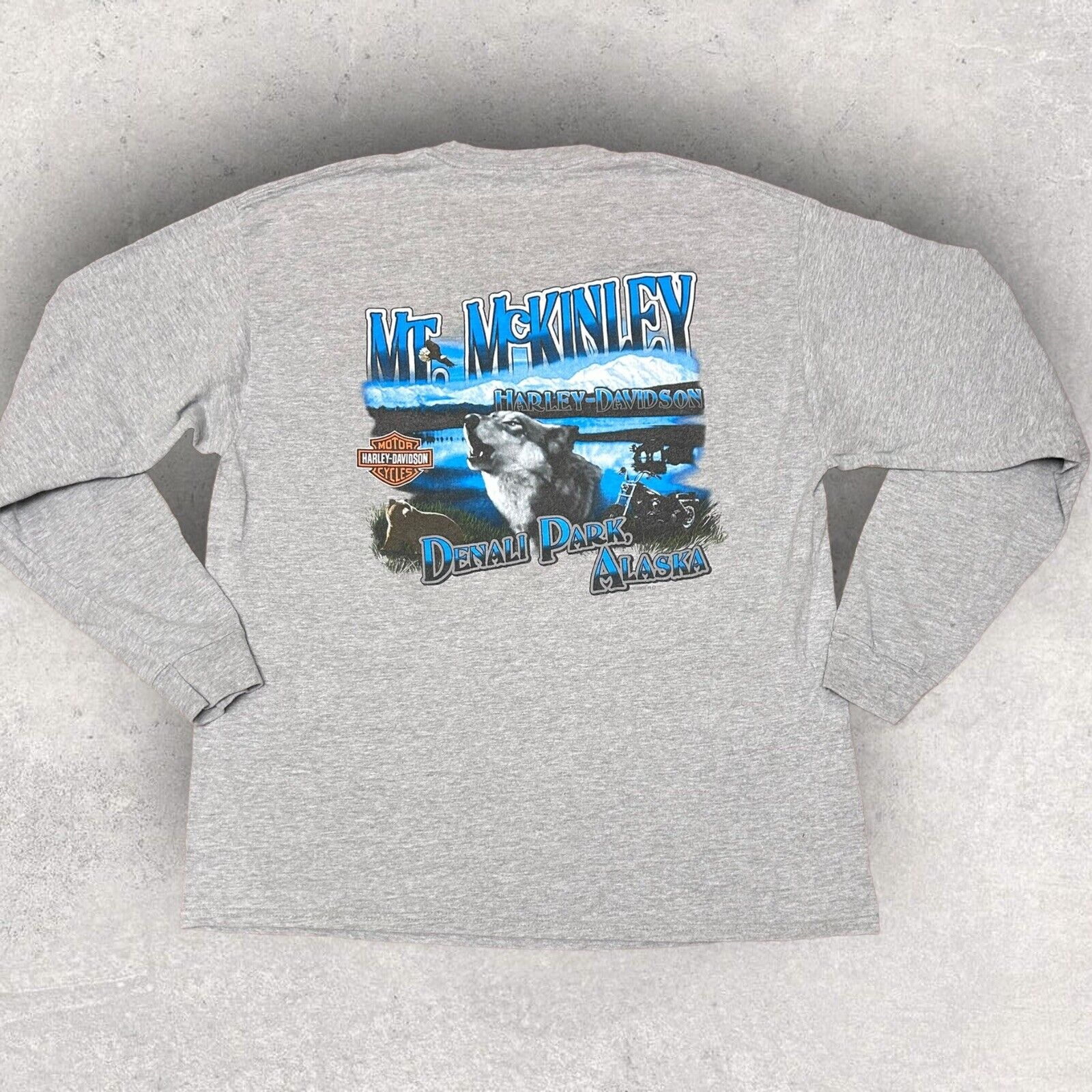 Harley Davidson Men's Long Sleeve Wolf Biker Motorcycle T Shirt Mt McKinley AK