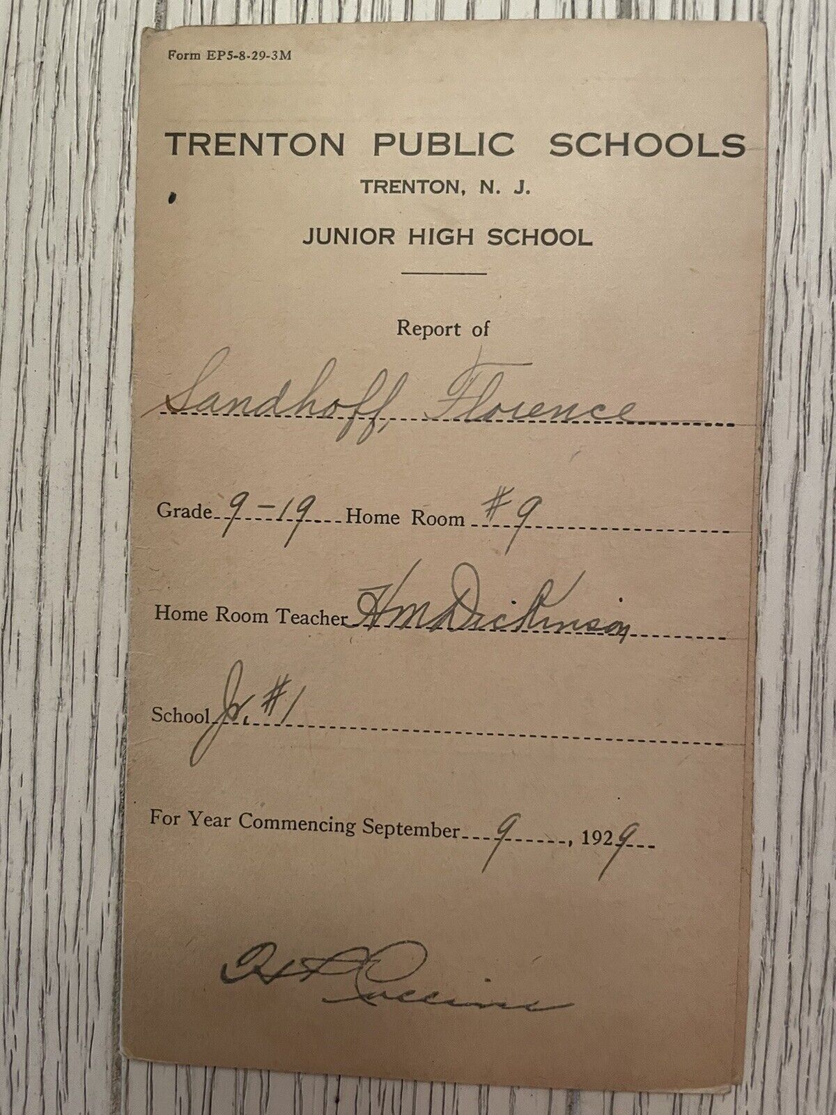 1929 REPORT CARD JR HIGH SCHOOL STUDENT`AT TRENTON PUBLIC SCHOOL, TRENTON NJ