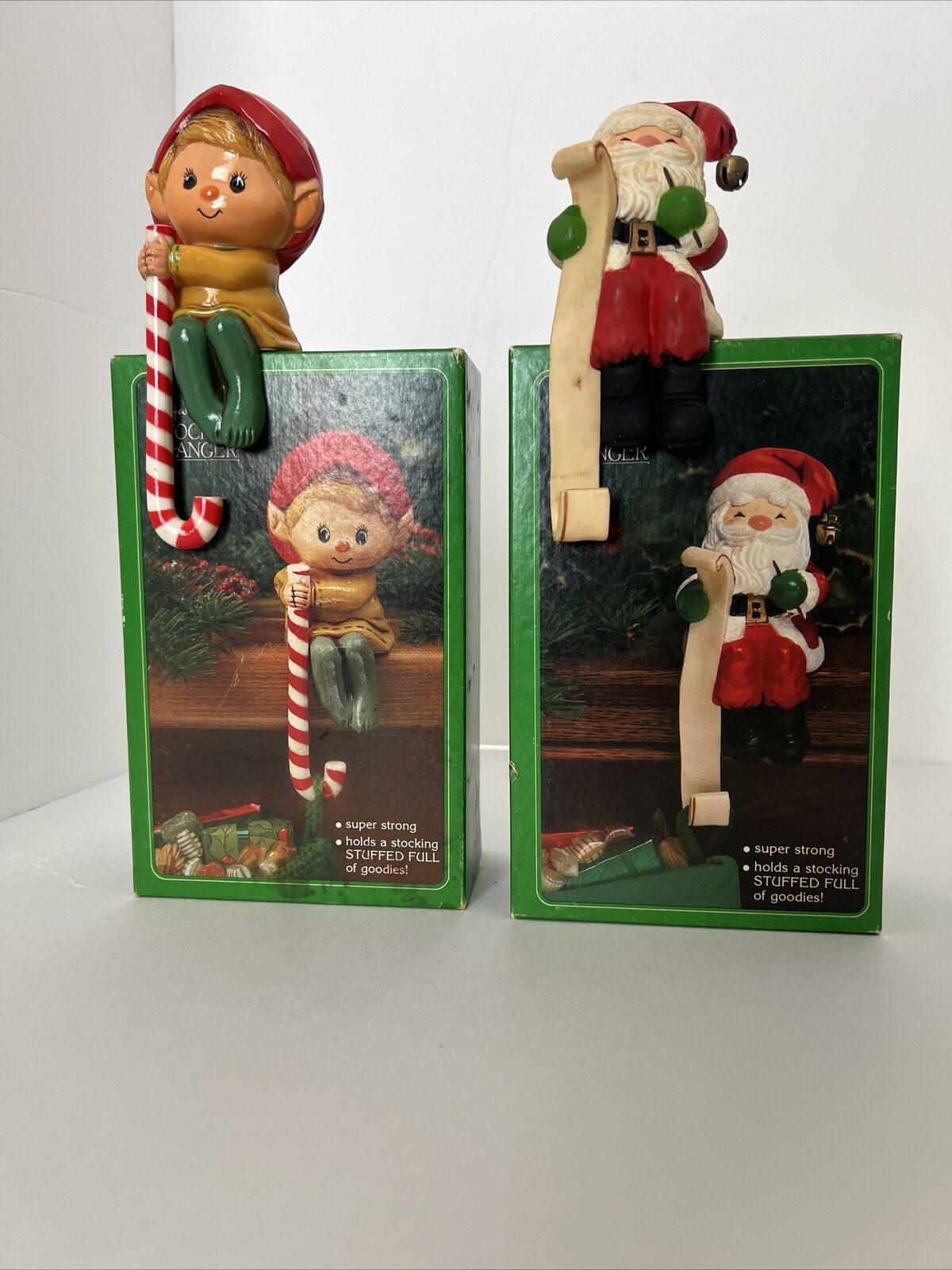 1983 Hallmark 2 Christmas Santa  List, Elf CandyCane Stocking Hanger Holder VTG