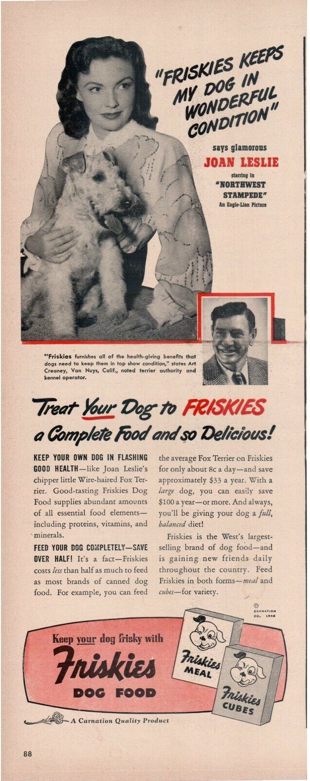 1948 Joan Leslie “Northwest Stampede” movie Friskies Dog clipped ad 14x5.5”