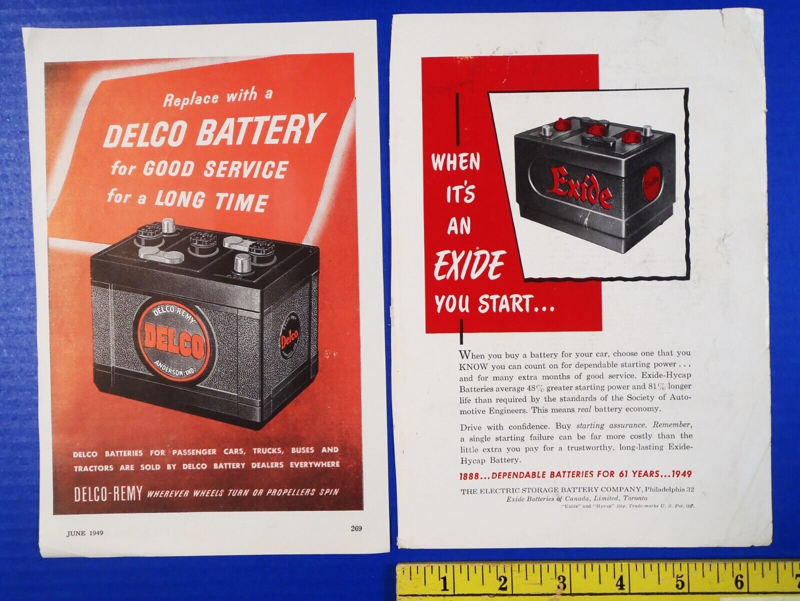 1949-51 DELCO REMY & EXIDE Motorcycle Battery Ads