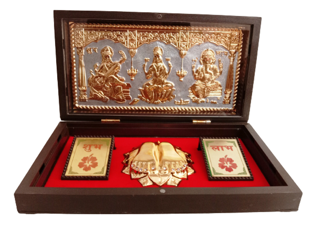 Gold Plated Lord LAXMI GANESHA SARASWATI Worship Box - PUJA PETI (1790)