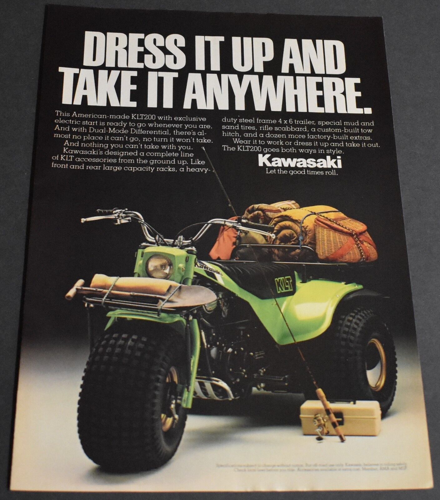 1981 Print Ad Kawasaki KLT200 3 Three Wheeler Dress it up Take Anywhere art pole