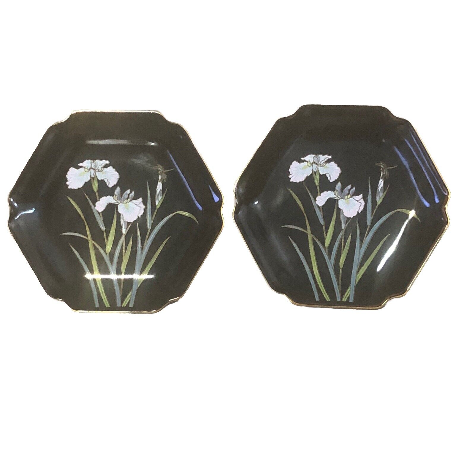 Yamaji Trinket Dishes Hexagon Black Gold Iris Dragonfly 7.5”x1.5” Vintage Japan
