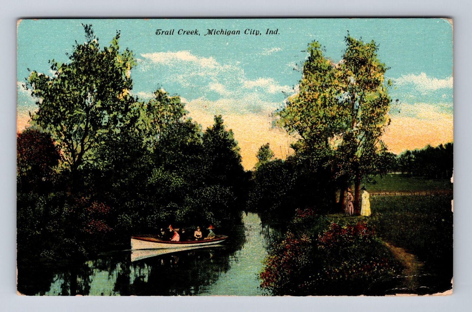 Michigan City IN-Indiana, Boating on Trail Creek, Antique Vintage Postcard
