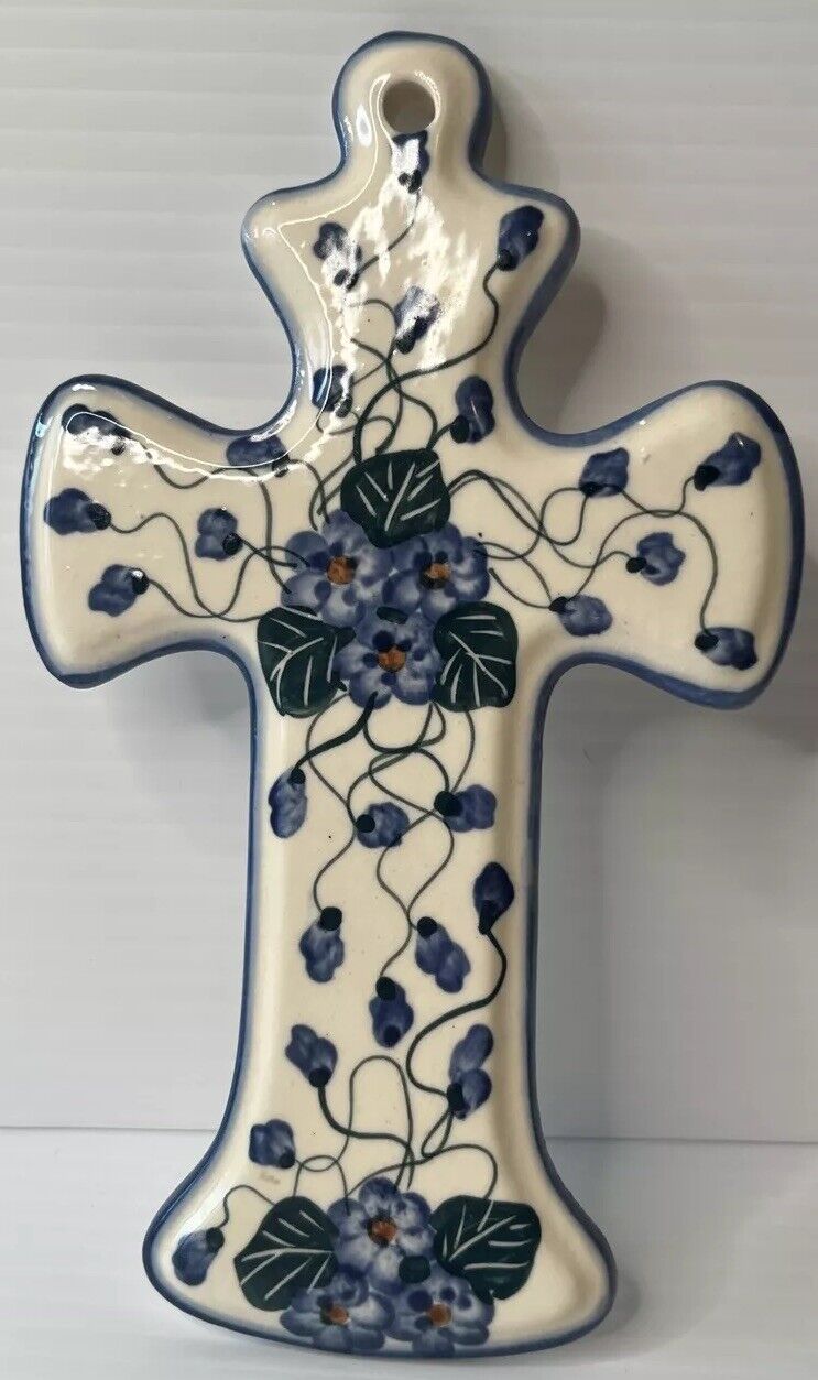 Polish Pottery Wall Cross UNIKAT Signature Handmade Boleslawiec Blue