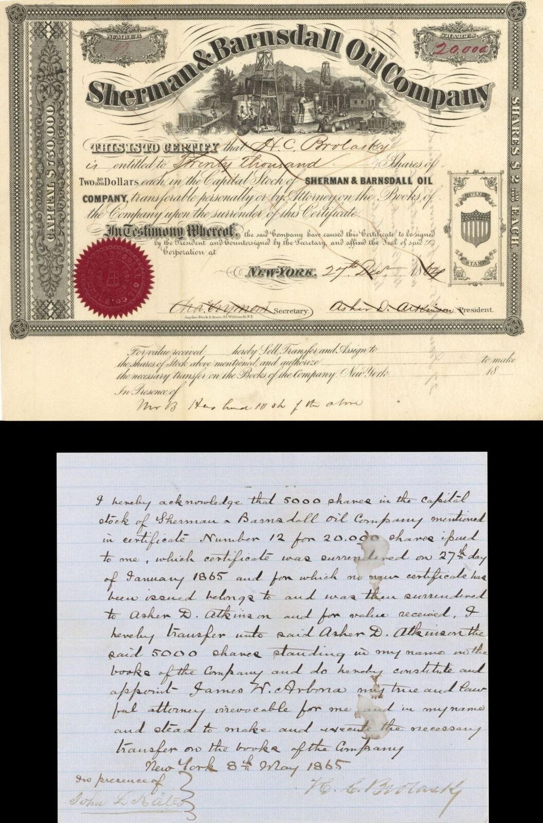 Sherman and Barndall Oil Co. - 1864 or 1865 dated Stock Certificate - Oil Stocks
