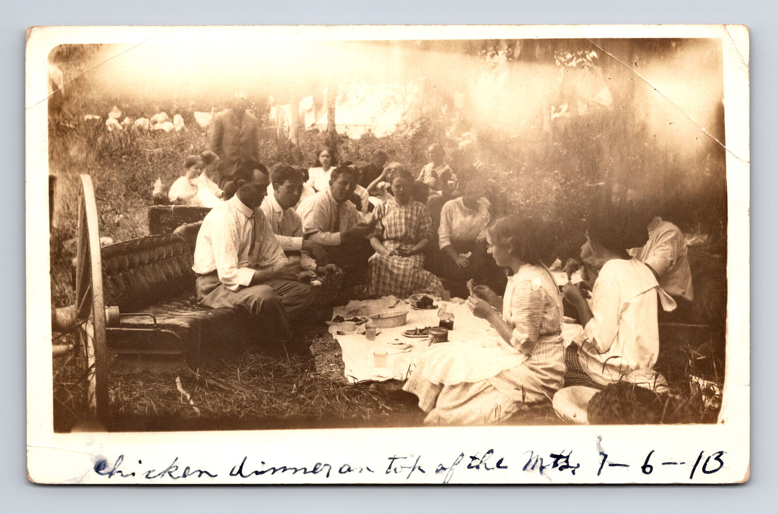 1913 RPPC Large Picnic Chicken Dinner Men Women Aberdeen ID Postcard