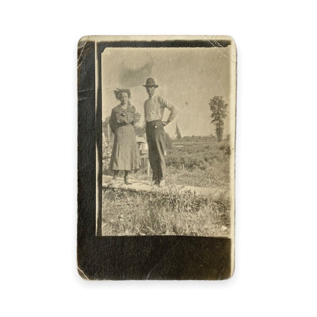 Couple in Field Farming Flowers Brownie Souvenir - RPPC Antique Photo Postcard 