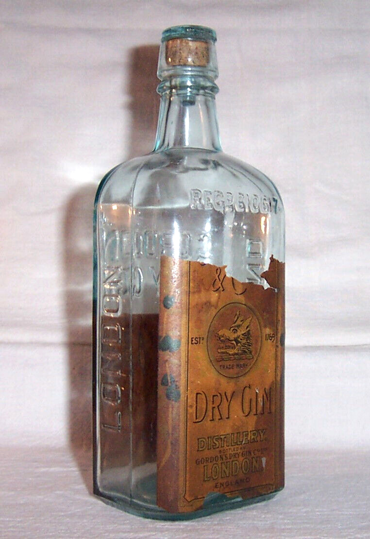 1908 Antique Gordon\'s London Dry Gin Bottle with Partial Label and Glass Stopper