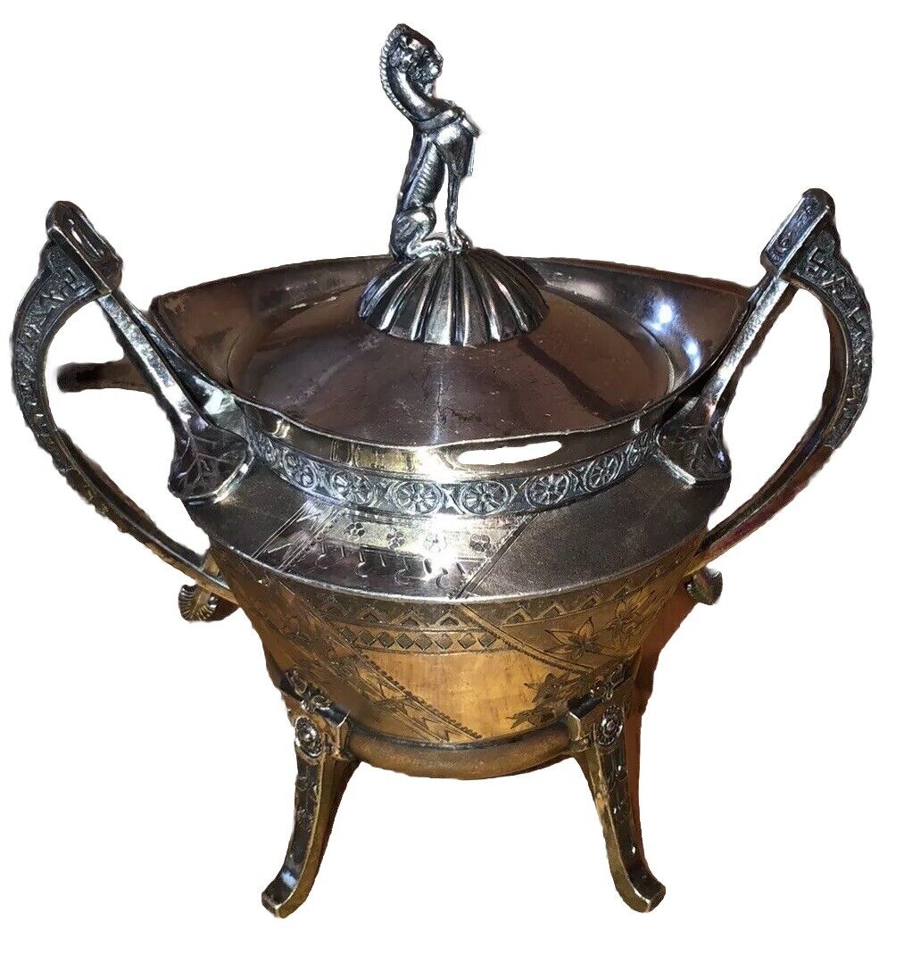 Antique 1873 Reed & Barton Silver Plated 4-Footed Large Covered  Sugar Bowl Dish