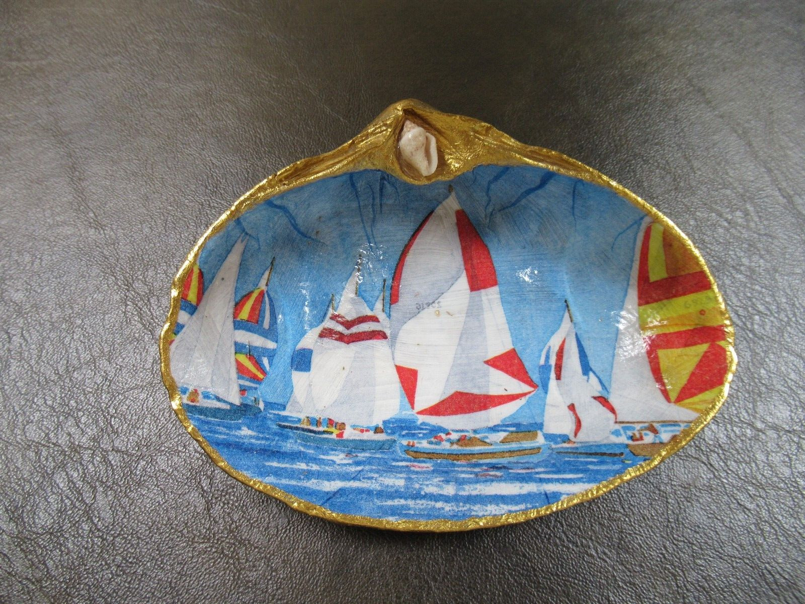 Decoupaged Seashell  Sailboat Regatta  Trinket Holder or Natural Decor