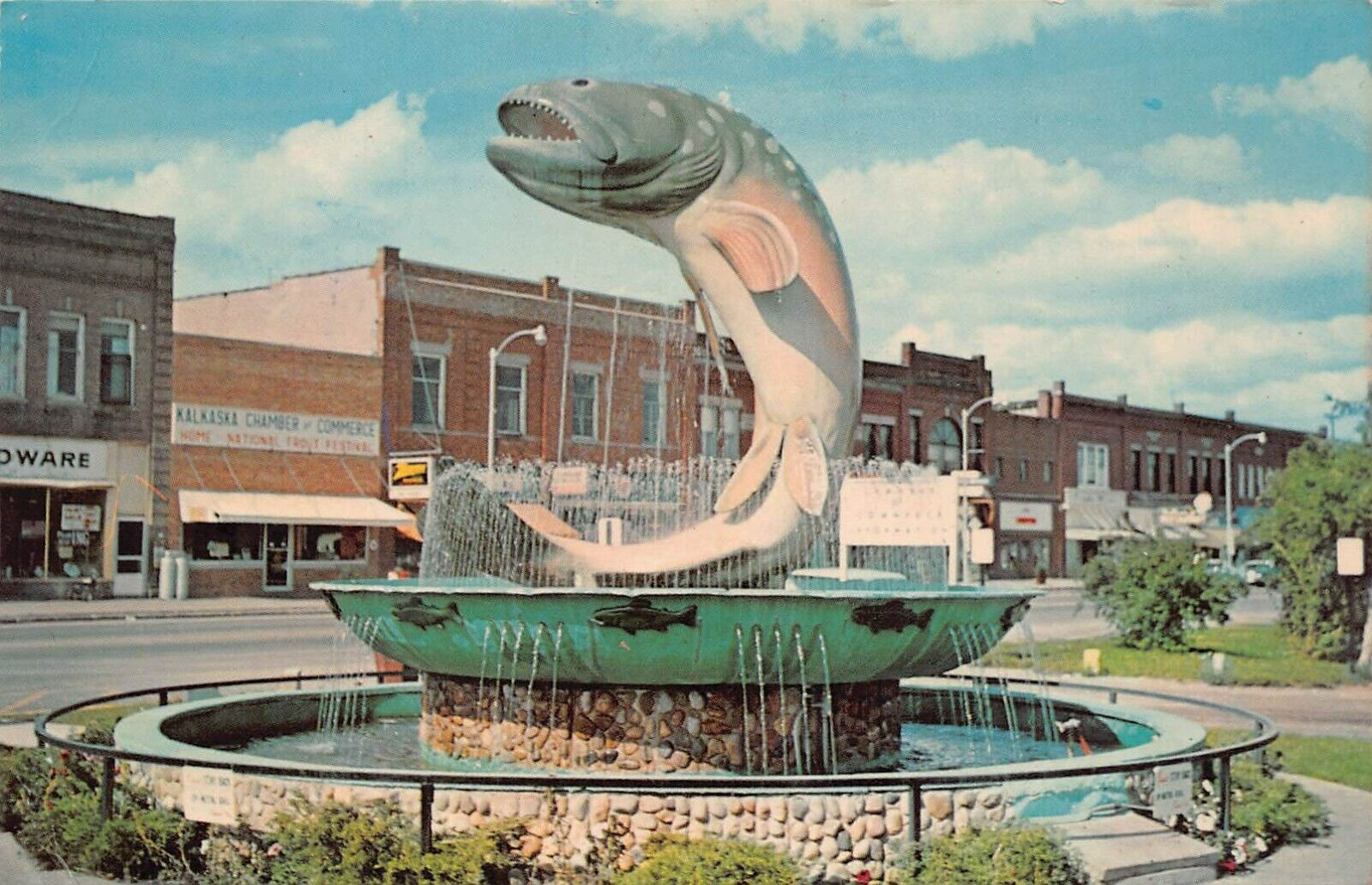 Kalkaska, MI-Michigan, National Trout Memorial Fountain Fishing Vtg Postcard N5