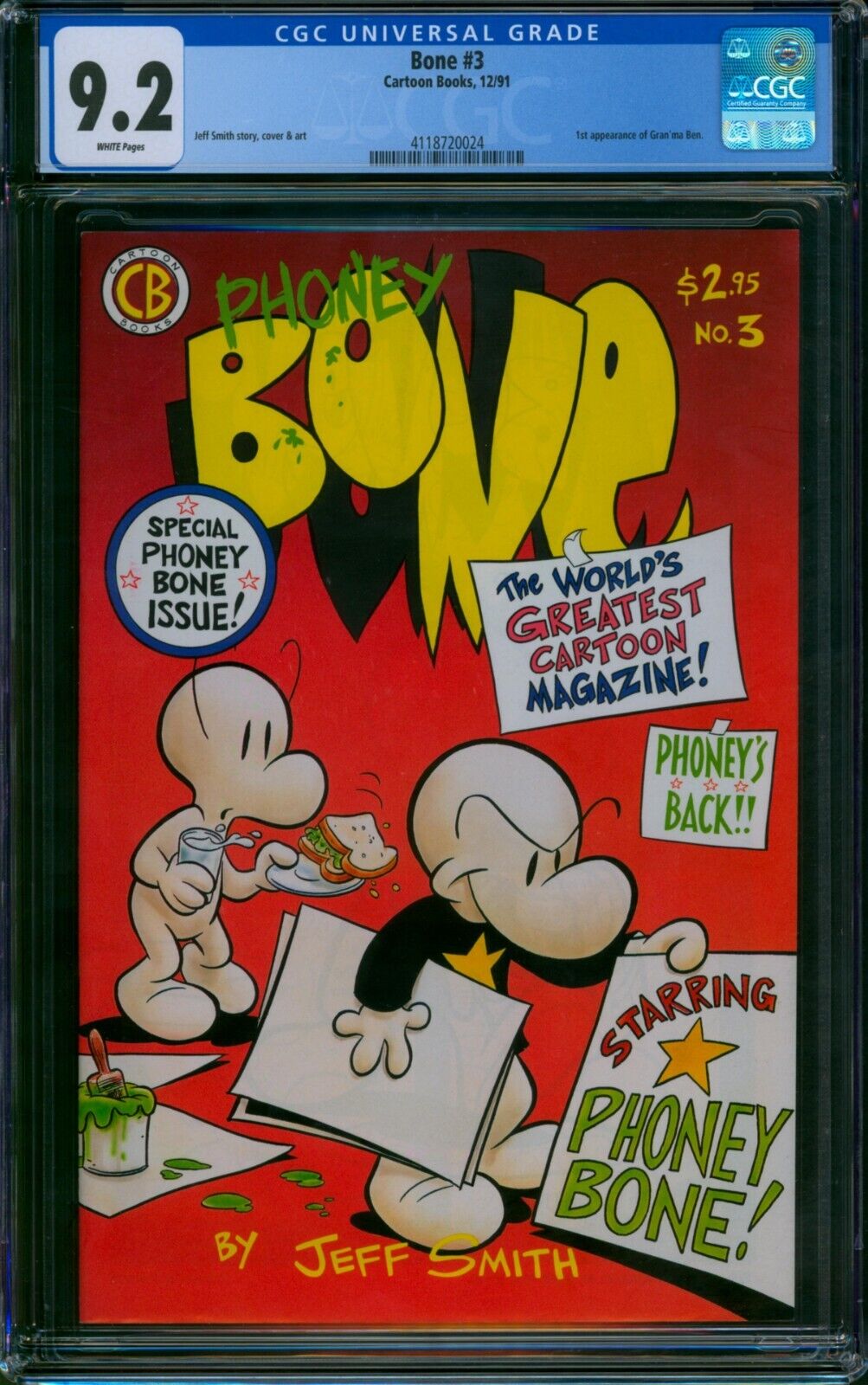 Bone #3 🌟 CGC 9.2 🌟 1st Print 1st Grandma Ben Jeff Smith Cartoon Books 1991