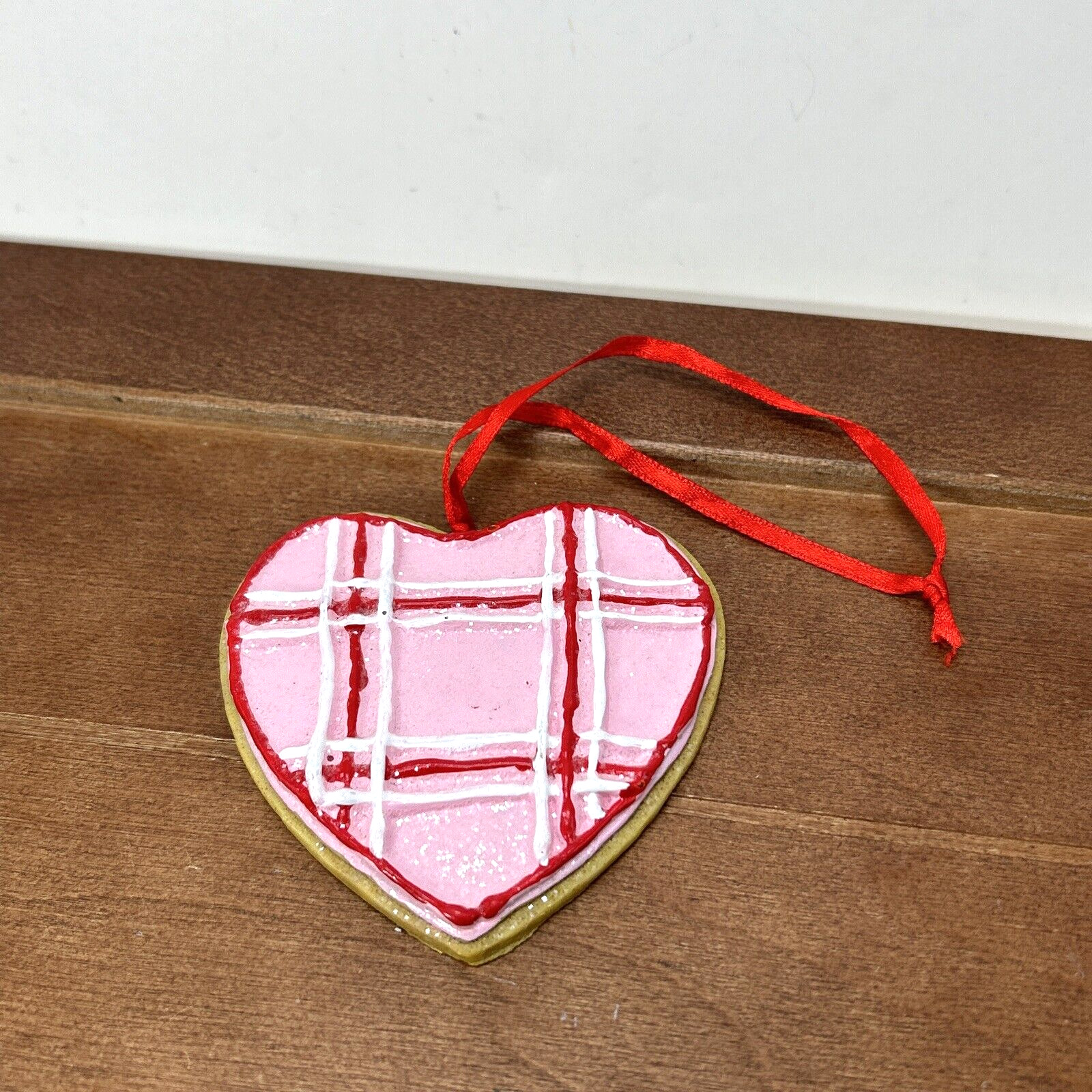 Christmas Heart Shaped Pink & Red Cookie Holiday Ornament Love Decor Vintage