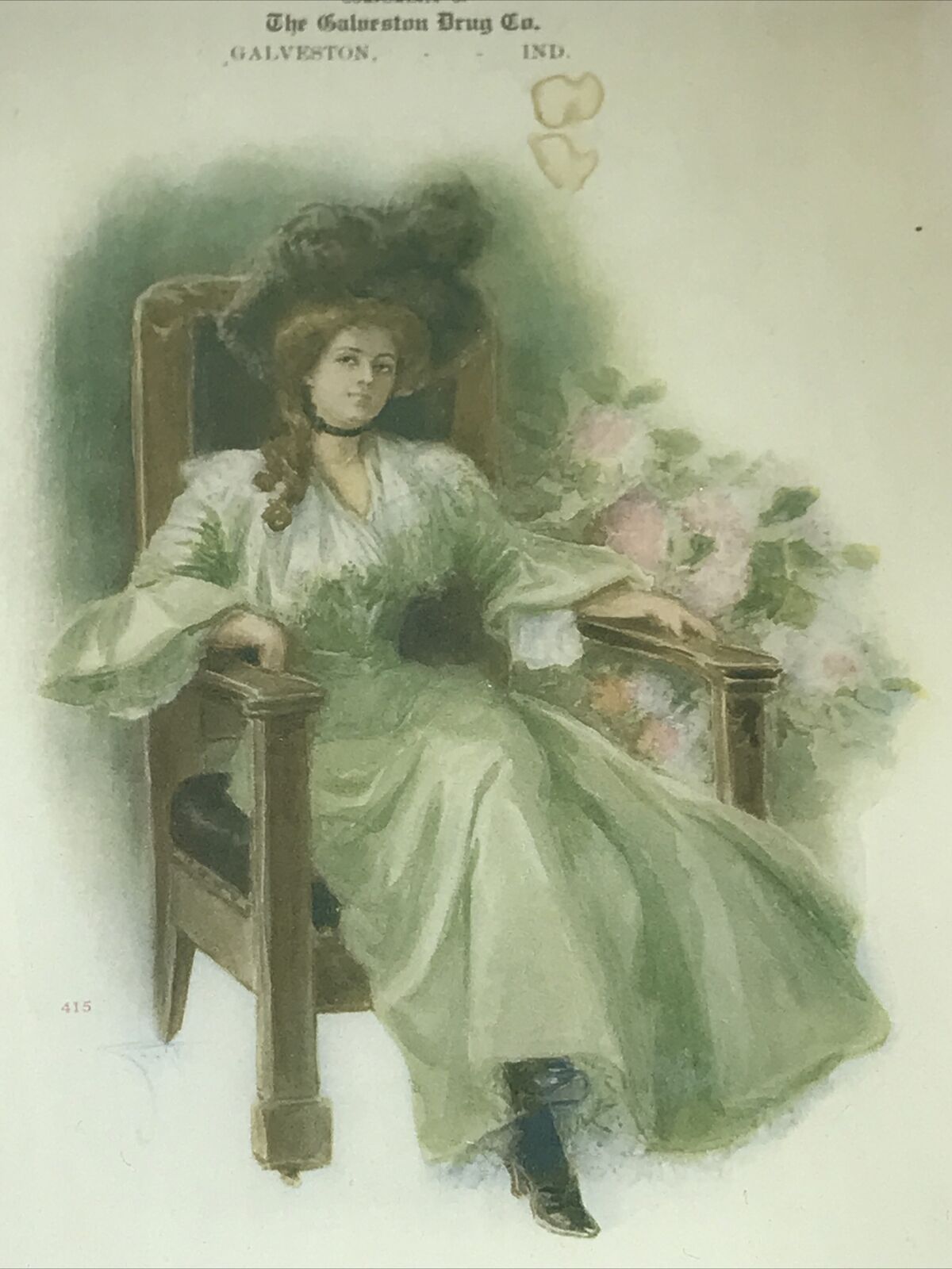 1907 - Galveston Drug Company - Antique Advertising - Lady Green Dress - Indiana