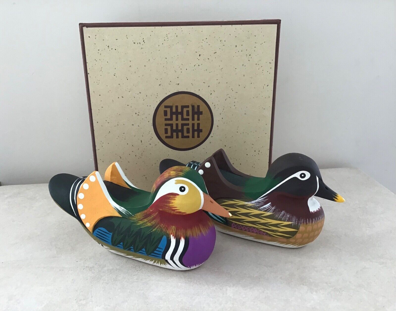 2 x BNIB VINTAGE WOODEN UNVARNISHED HAND PAINTED COLOURFUL DUCKS