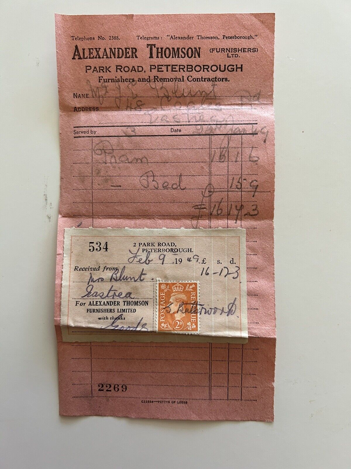 Vintage 1940’s Alexander Thomson of Peterborough Sales Bill/Receipt