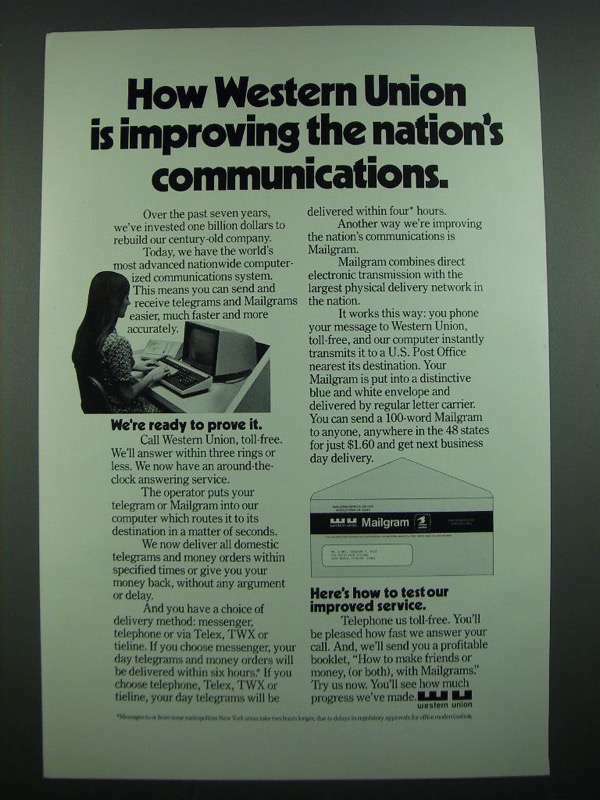 1973 Western Union Mailgram Ad - Improving the Nation\'s Communications