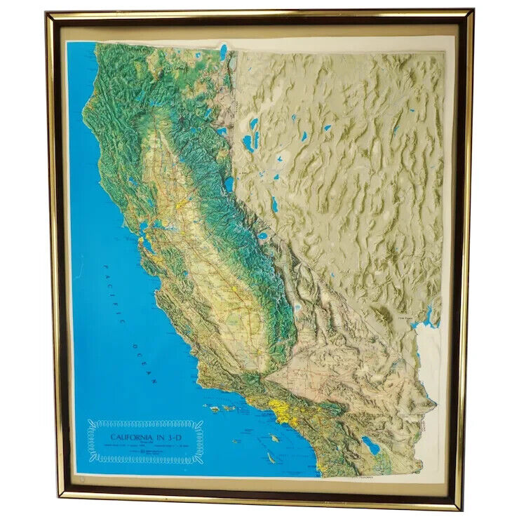 Vintage Framed 3-D California Topographical Relief Map 1976 Kistler Graphics
