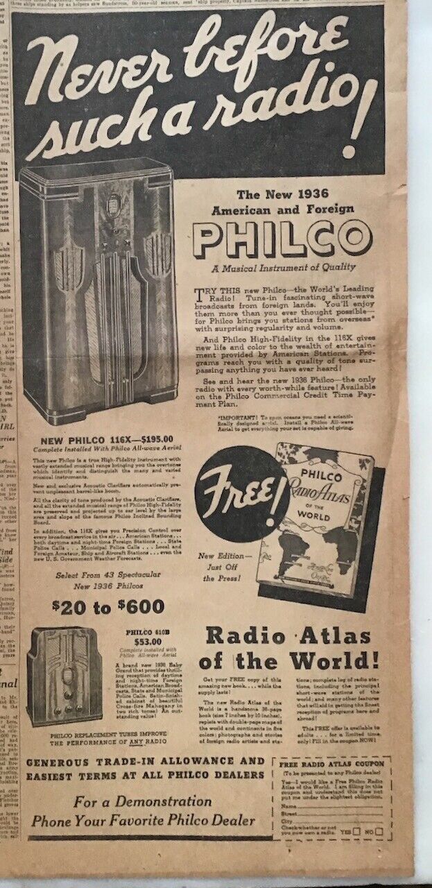 1935 newspaper ad for Philco Radios - 1936 Model 116X, 610B, Philco Radio Atlas