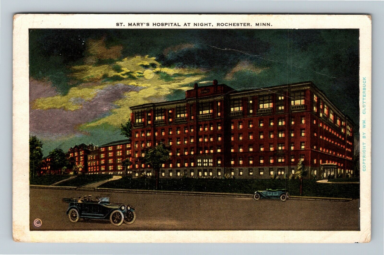 Rochester MN-Minnesota, St. Mary\'s Hospital at Night, c1934 Vintage Postcard