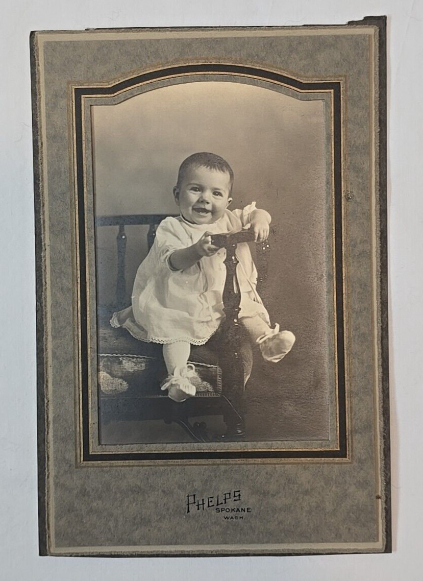 Cabinet Card Baby Siting on Chair Victorian Dress Full Body Phelps Spokane 1800s