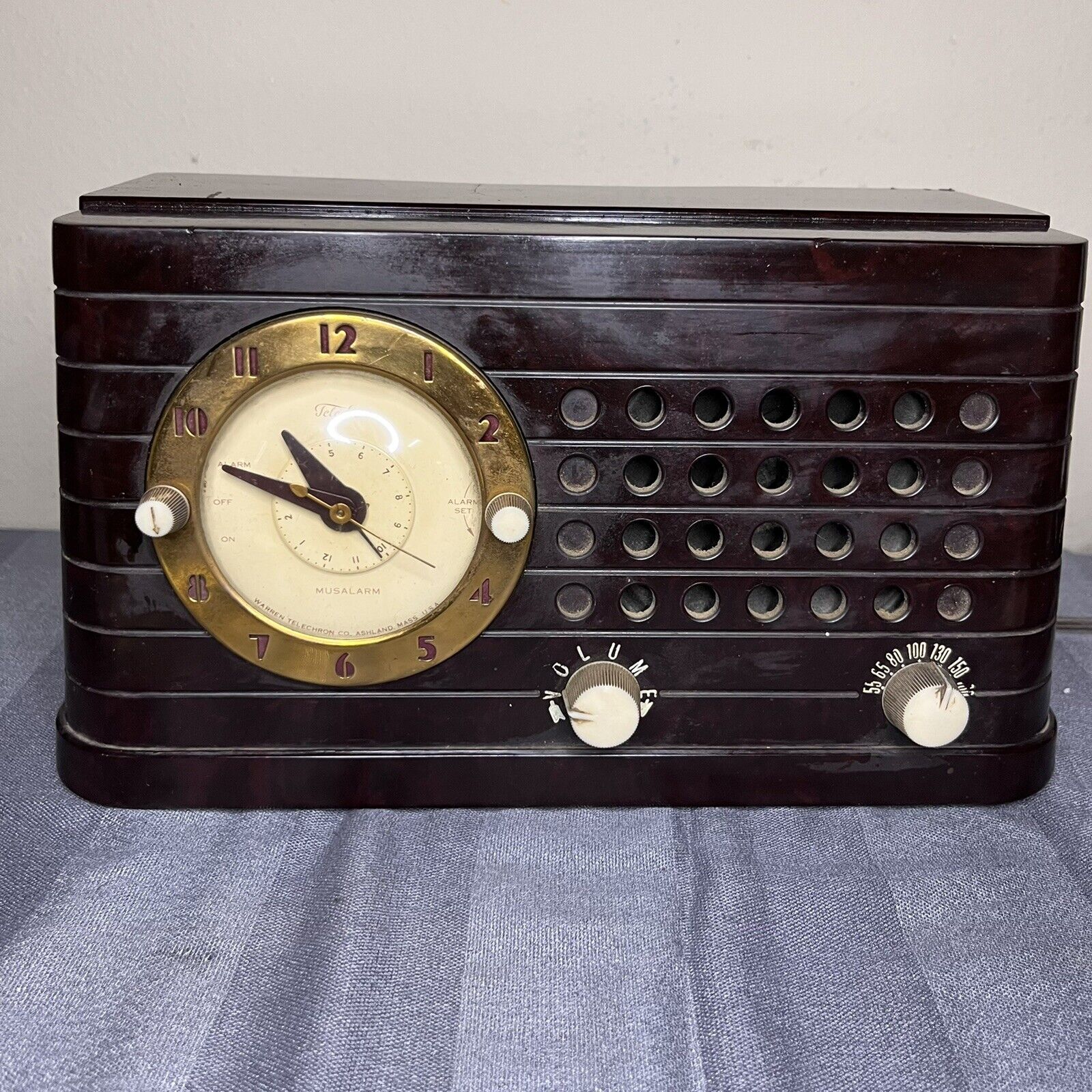 MCM TELECHRON MUSALARM CLOCK TUBE RADIO MODEL 8H59 BROWN VTG Electric 1940s WWII