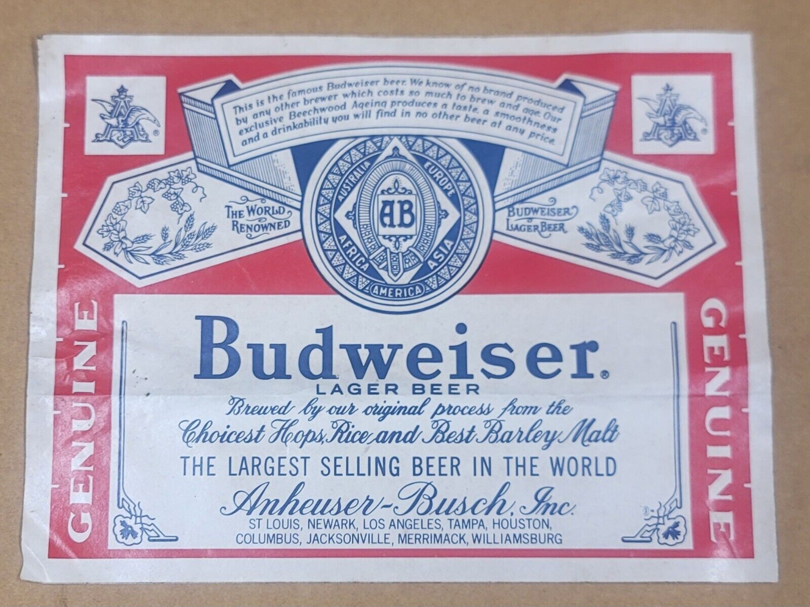 Vintage Genuine Budweiser Beer Sticker/Decal  9.5\