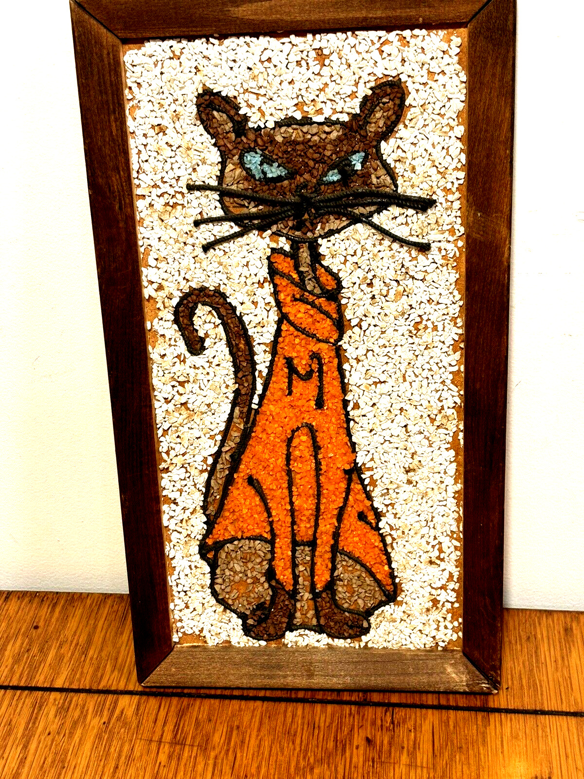 Vintage MCM Gravel Pebble Wall Art 1960’s Decor Siamese Cat 13” X 7” Mosaic