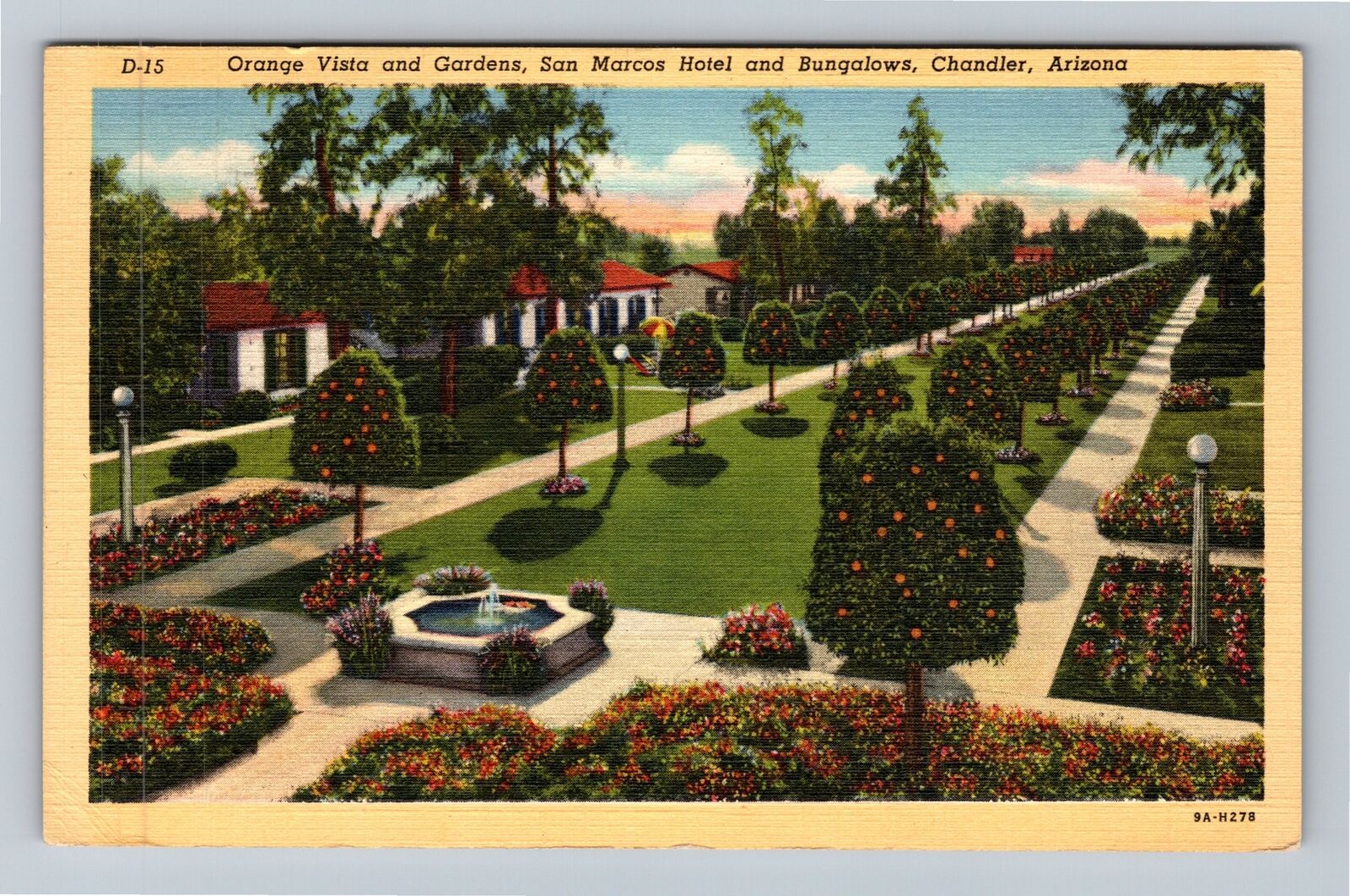 Chandler AZ-Arizona, Orange Vista Gardens San Marcos Hotel Linen c1944 Postcard
