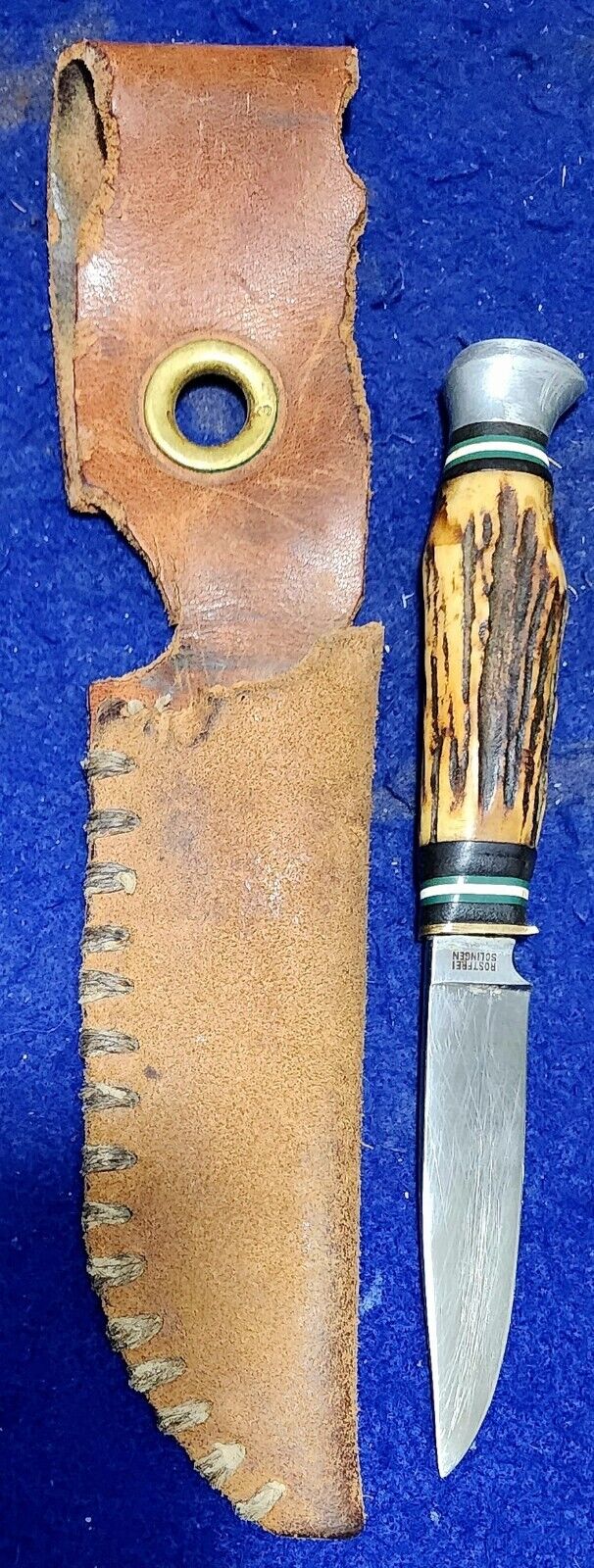 Vintage Hubertus Solingen Knife Germany Stag Handle Rostfrei W/Handmade Sheath