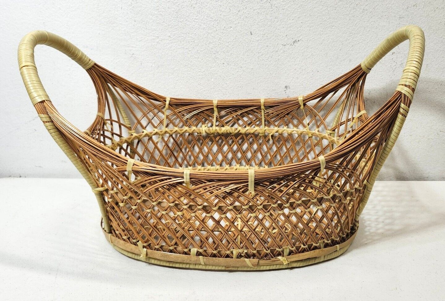 Large French Country Boho Wicker Basket with Decorative Round Handles