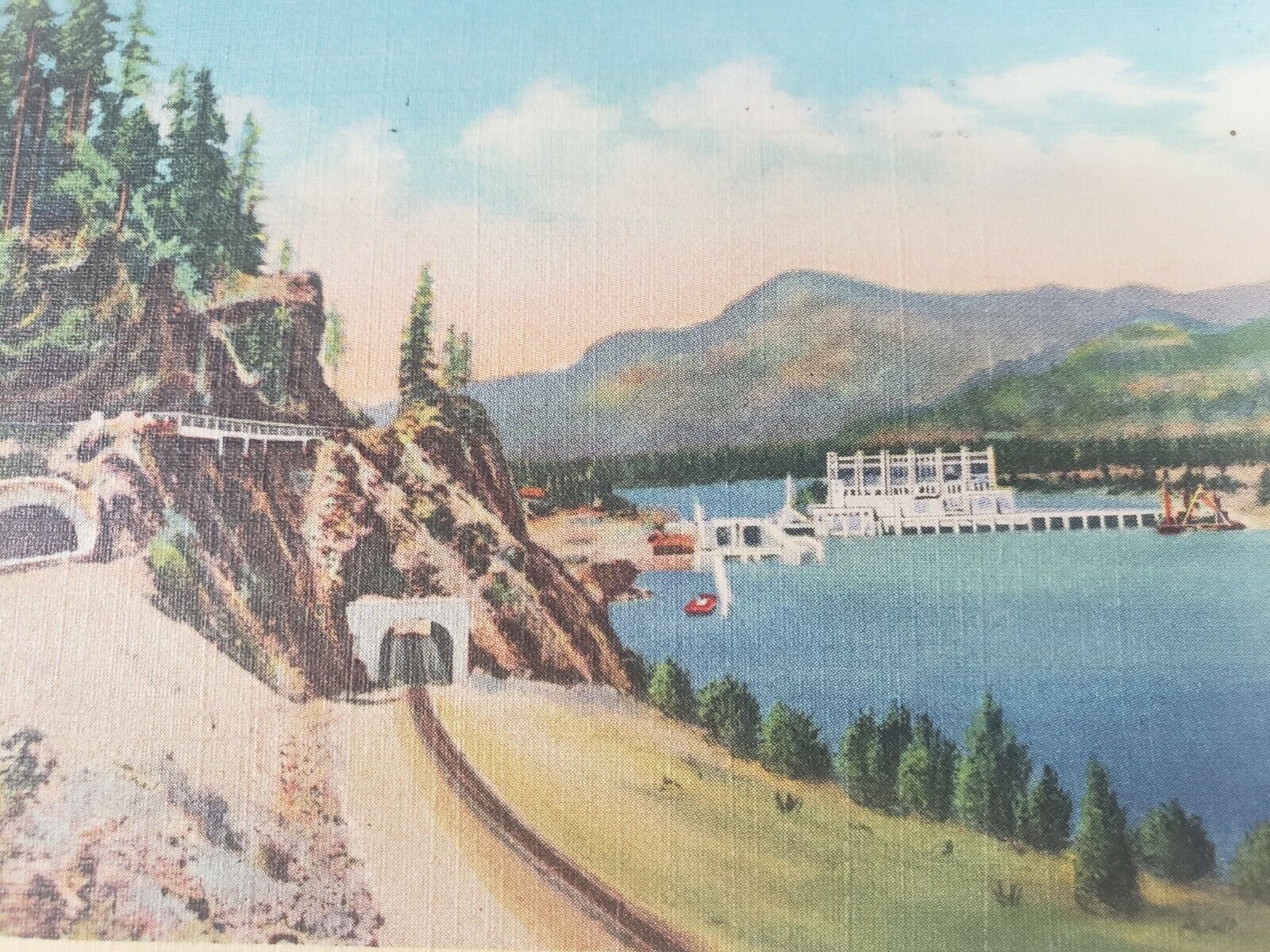 C 1941 Highway and Railway Tunnels Bonneville Dam Columbia River Oregon Postcard