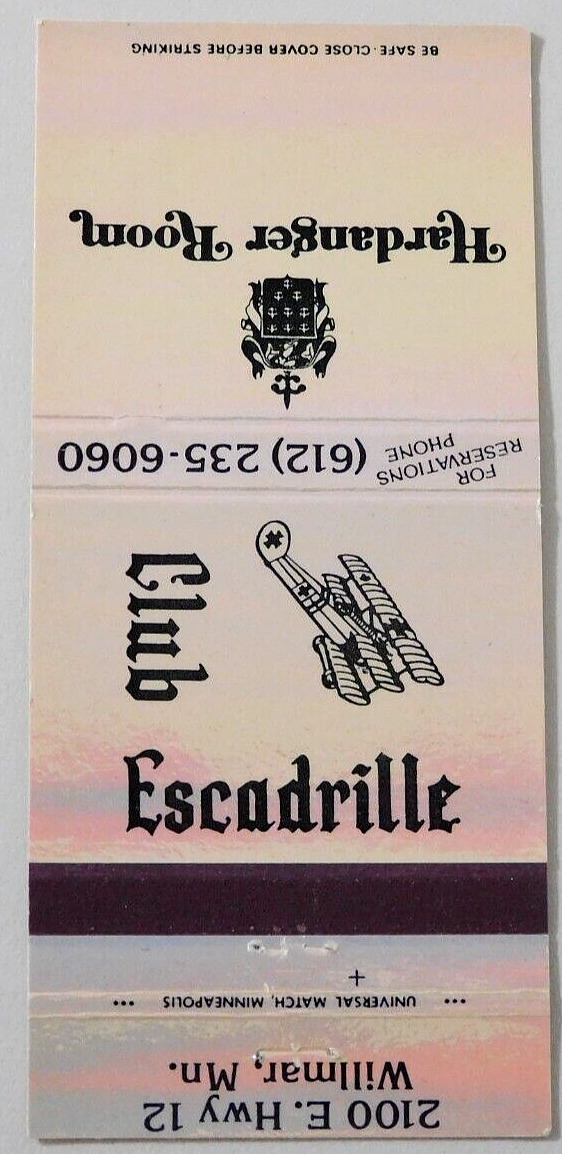 CLUB ESCADRILLE-HARDANGER ROOM MATCHBOOK COVER * WILMAR, MINNESOTA