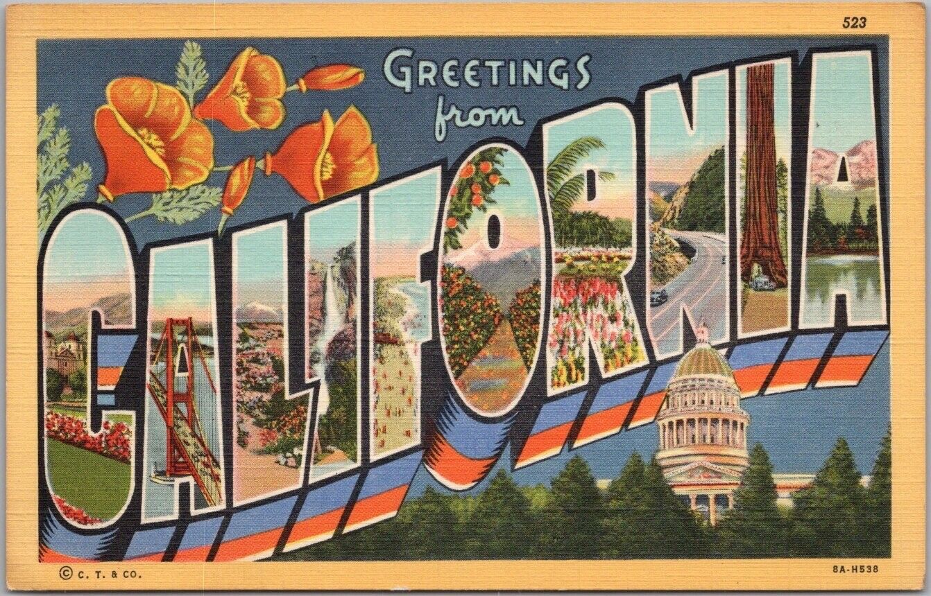 Vintage 1938 CALIFORNIA Large Letter Postcard State Capitol Dome Curteich Linen