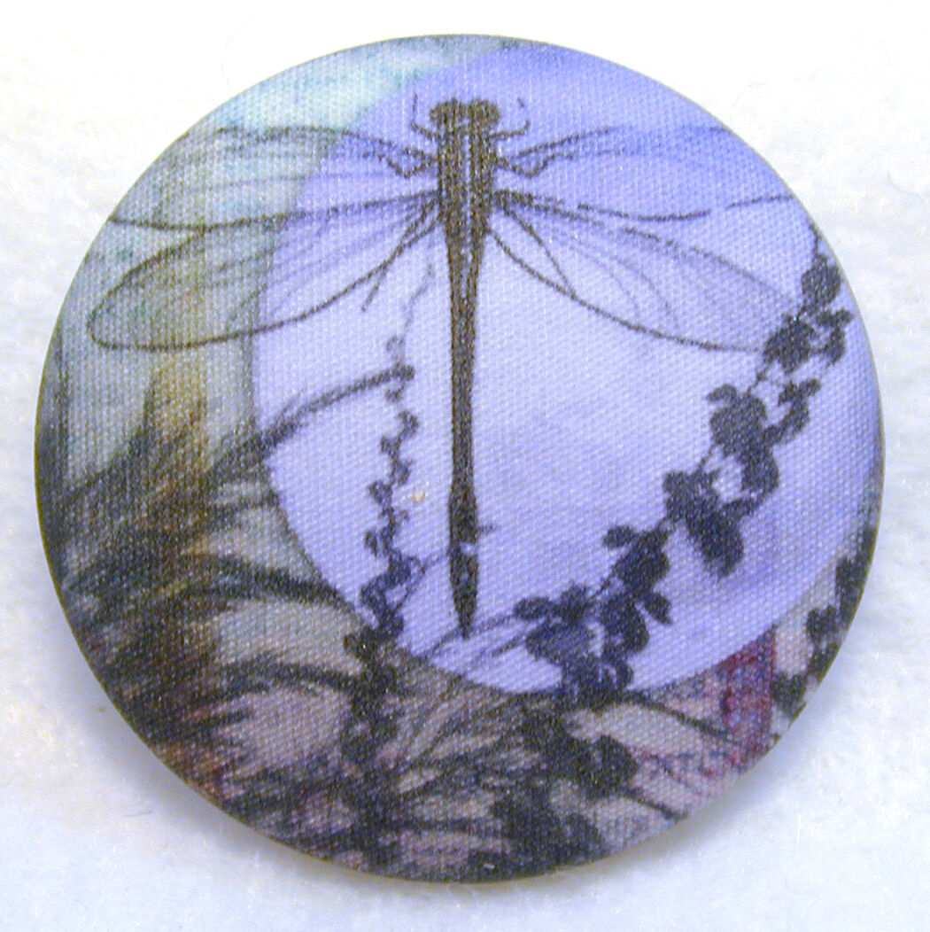 Dragonfly and Full Moon  Hand Printed Fabric Covered Button 1 & 1/2 inch DFLY 53