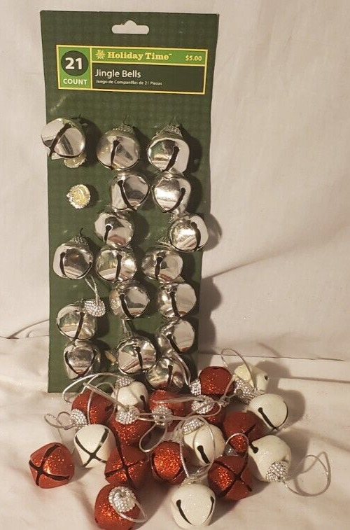 Lot of Christmas Jingle Bells Silver and Red White Glitter 1\